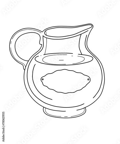 Vector contour clipart jug with olive oil, coloring book for hobbies, healthy food, olive oil, postcard, art, design for T-shirts and accessories photo