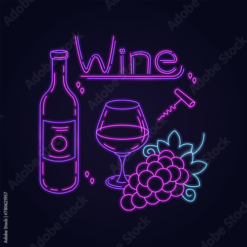 Wine glass and bottle in neon violet color isolated on black background.