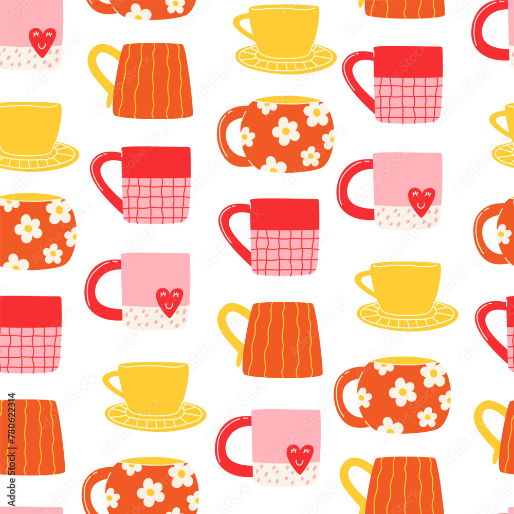 Seamless pattern with modern colorful cups in flat style - obrazy, fototapety, plakaty 