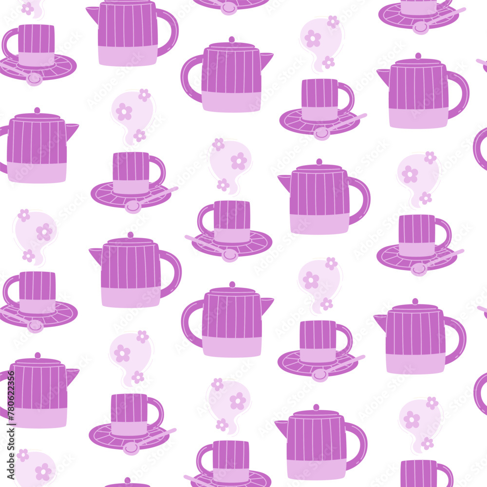 Seamless pattern with a purple teapot and cup set with flower hot tea - obrazy, fototapety, plakaty 