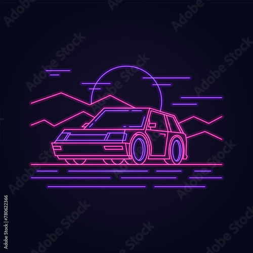 Pink neon car stands on the mountains and sunset background. Retro line landscape in 80s style arcade game.