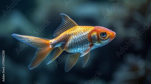 A silver fish, or goldfish, is a fish kept in an aquarium. Goldfish isolated on black background. © DZMITRY