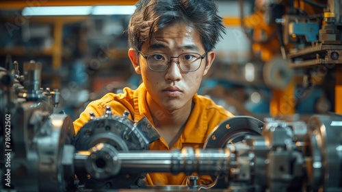 Engineering and mechanical technicians are working on industrial machines. An Asian engineer operates a lathe machine.