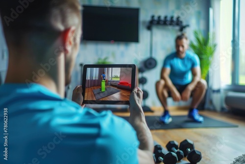 Man taking selfie video with ipad in gym during workout session