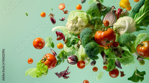 Assorted vegetables such as tomatoes and lettuce captured in a dynamic explosion against a soft green background to represent health