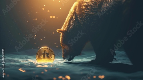 A bear casting a shadow over a brightly lit crypto coin, illustrating a bearish turn in the market photo