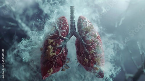 A detailed depiction of the respiratory system, illustrating the lungs and airways with hyper-realistic precision photo