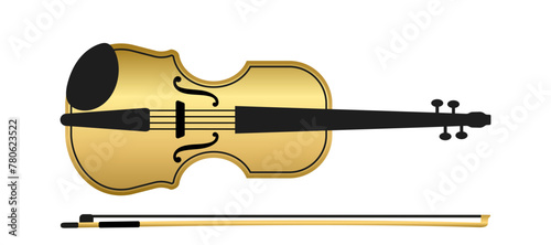 Musical instrument violin and bow with a gold colored. Vector illustration isolated on white background