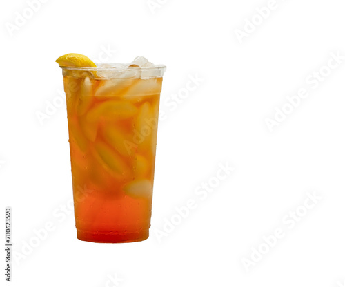 Photograph of a Clear cup of Ice Tea or Sweet Tea with lemon on a white background with copy space.