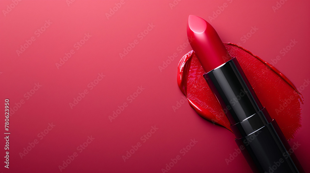 Obraz premium top view of lipstick with brush smear on red background, commercial lipstick poster, cosmetic background