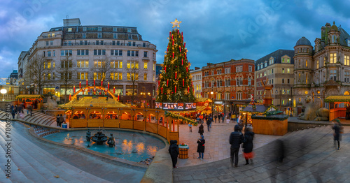 View of Christmas Market stalls and Christmas tree in Victoria Square, Birmingham, West Midlands, England, United Kingdom photo