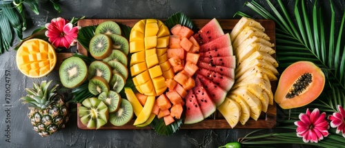 A flat lay of a tropical fruit platter arranged on a wooden cutting board, including sliced watermelon, pineapple, mango, and kiwi, surrounded by palm leaves and exotic flowers photo