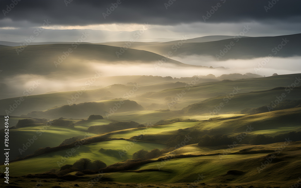 Foggy Scottish Highlands, rolling green hills, mysterious, ancient landscape, early morning