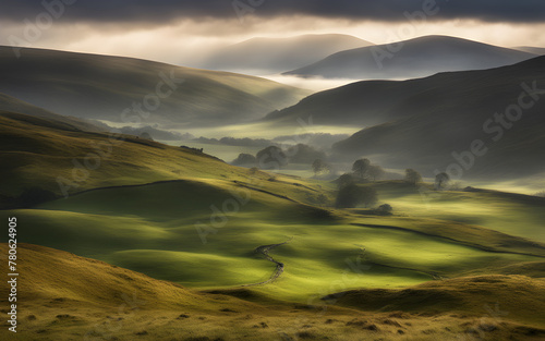Foggy Scottish Highlands, rolling green hills, mysterious, ancient landscape, early morning