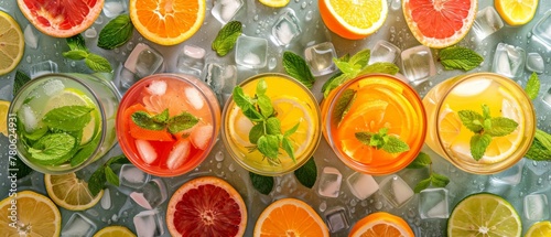 A top-down shot of a refreshing summer drink station  featuring pitchers of lemonade  iced tea  and fruit-infused water  surrounded by slices of citrus fruit  mint leaves  and ice cubes