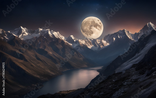 Full moon over tranquil Himalayan mountains, clear starry sky, serene and majestic