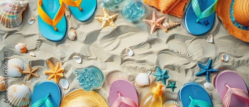 An overhead shot of a colorful array of flip-flops, beach towels, and sun hats laid out on sandy shores, with seashells and sunscreen bottles scattered around for a day at the beach photo