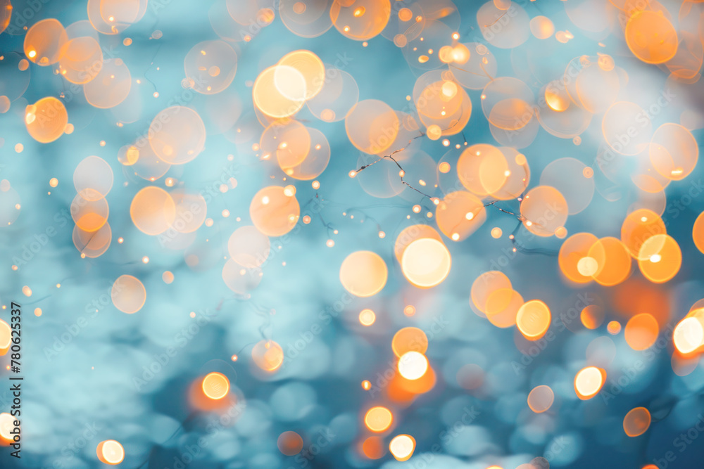 Bokeh Background with Warm Glow. An abstract background of delicate bokeh, with light spheres over a blue backdrop, evoking a dreamlike and festive atmosphere.