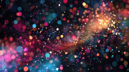 Abstract colorful particles explode on a black background with a bokeh effect and space