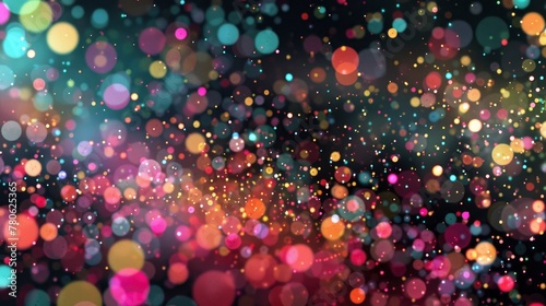 Abstract colorful particles on black background, multicolored dots and lines of various sizes