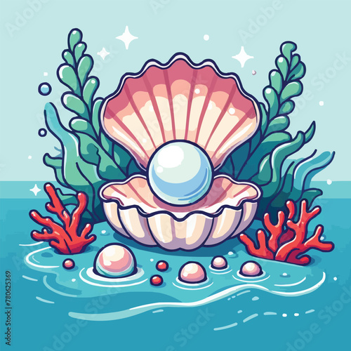 Free vector Open Pearl shell and seaweed in ocean cartoon vector icon illustration. nature object isolated flat