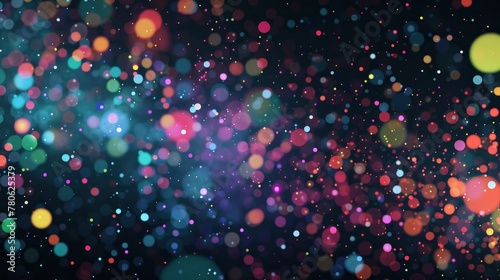 Abstract colorful particles on black background, multicolored dots and lines of various sizes with bokeh effect, set against a dark backdrop