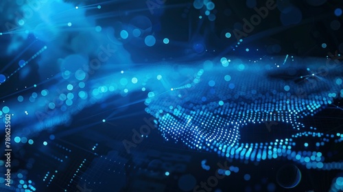 Wallpaper Mural Abstract digital background with blue dots and glowing waves on a dark, blurred cyberspace world map in a futuristic style for technology or business concept design Torontodigital.ca