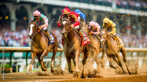 A group of jockeys are racing on a track. The horses are brown and white. The jockeys are wearing colorful outfits