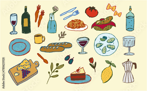 ディナー　ランチ　食べ物　手書き　スケッチ　イラスト　セット　食べ物