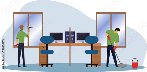 professional cleaning team cleans empty office vector illustration, cleaning team moping the floor and wiping the window in the office