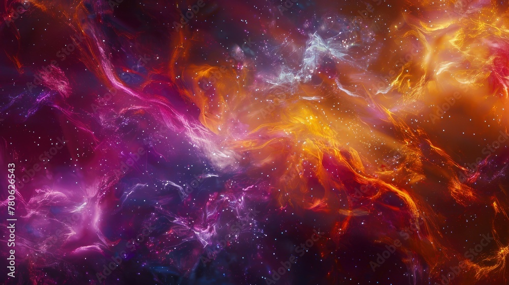 Abstract space background with stars and nebulae, fantasy digital art style. A cosmic scene featuring swirling galaxies, distant nebulas, and twinkling celestial bodies