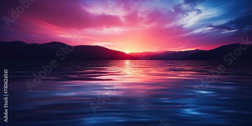 Nature outdoor sunset over lake sea with mountains hills landscape bacgkround, Pink blur out of focus view photo