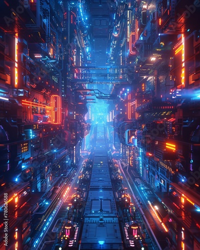 Explore a futuristic cyberspace filled with glowing neon lights and advanced technological structures ,3DCG,clean sharp focus photo