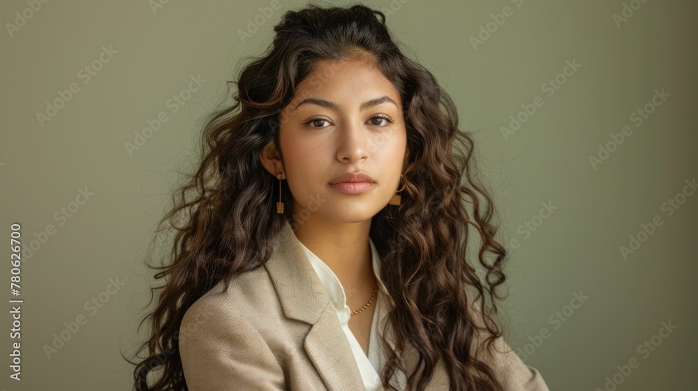 Beautiful young woman with long curly hair in blazer and blouse looking at camera portrait Beautiful young woman with long curly hair in blazer and blouse looking at camera portrait