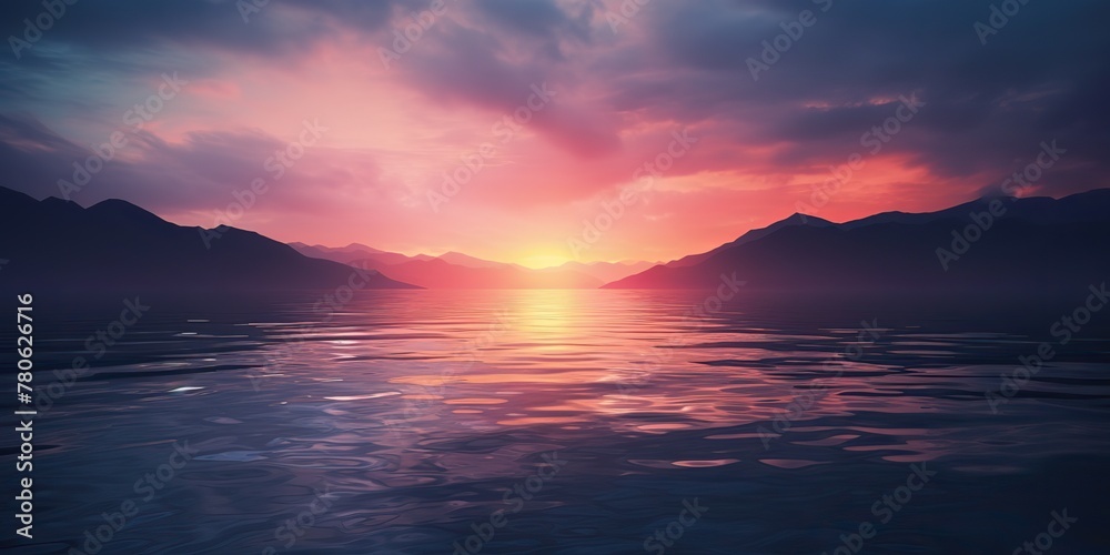 Nature outdoor sunset over lake sea with mountains hills landscape bacgkround, Pink blur out of focus view