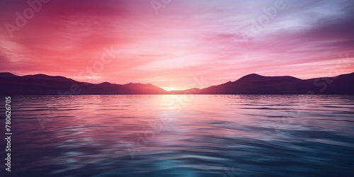 Nature outdoor sunset over lake sea with mountains hills landscape bacgkround  Pink blur out of focus view