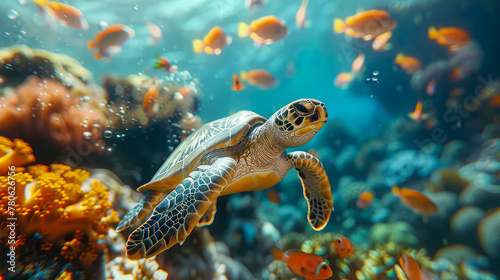 A sea turtle gracefully swims over a bustling coral reef, surrounded by vibrant marine life. The turtles smooth movements contrast with the colorful corals below, creating a dynamic underwater scene