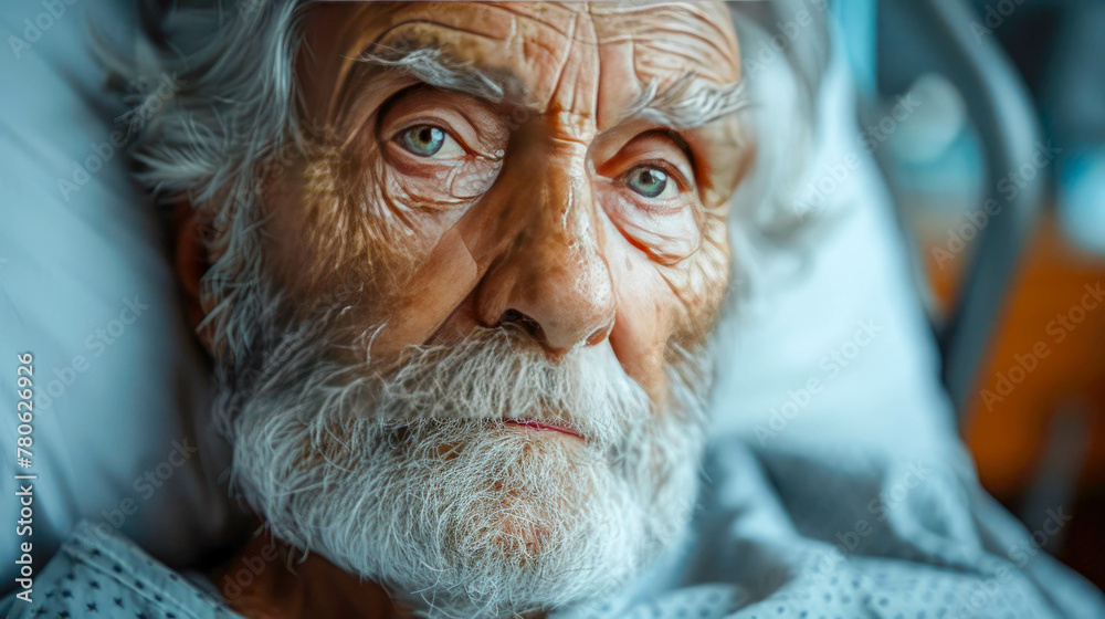 Portrait of sick senior man lying in hospital bed and looking at camera