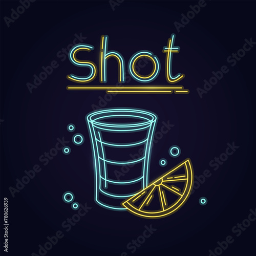 Outline neon alcoholic shot layers in a glass isolated on black background.