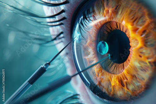 A 3D animation of the medical process to fix a detached retina, focusing on the eye, highlighting the tools and procedure, colored with uncommon hues for an outlandish impression photo