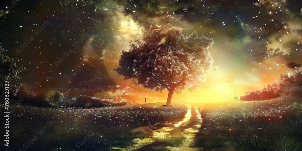 Lone tree landscape with sky Aurora borealis and space, ai generated.
Lone tree landscape with sky Aurora borealis and space, ai generated.