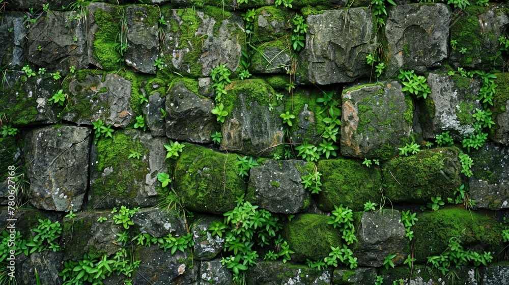 Beautiful texture of a moss covered stone wall background. A green nature pattern. A textured ancient rock surface with green grass and plants