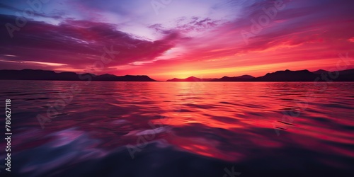 Nature outdoor sunset over lake sea with mountains hills landscape bacgkround  Pink blur out of focus view
