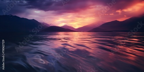 Nature outdoor sunset over lake sea with mountains hills landscape bacgkround, Pink blur out of focus view photo