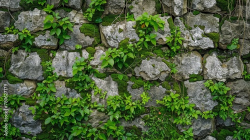 Beautiful texture of a moss covered stone wall background. A green nature pattern. A textured ancient rock surface with green grass and plants
