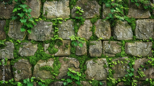 Beautiful texture of a moss covered stone wall background. A green nature pattern. A textured ancient rock surface with green grass and plants. An earthy textured background