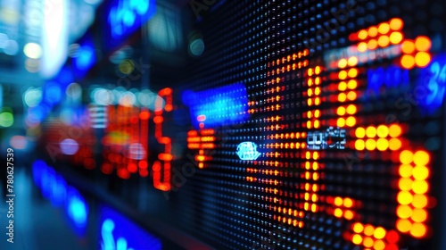 Closeup of a stock market display with numbers and arrows, with a digital background for a financial or business concept photo