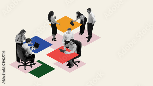 Employees sitting at different tables, cooperating with each other and doing different tasks. Contemporary art collage. Collective effort to achieve goals. Concept of business, teamwork