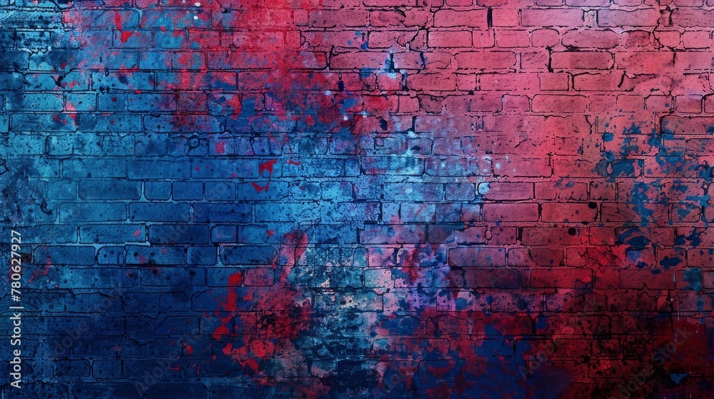 Colorful red and blue grunge background with an old brick wall texture. Abstract colorful grungy backdrop with paint splashes on a dark brick and stone wall