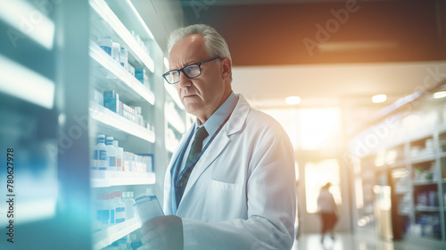 Smiling pharmacist in a pharmacy with a customer, examining an X-ray